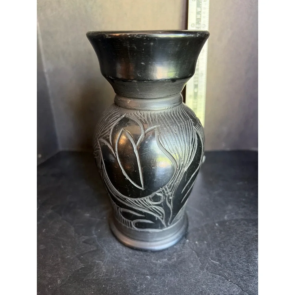 Vintage Hand Carved Black Pottery Floral Etched Vase Folk Art 6 Inch